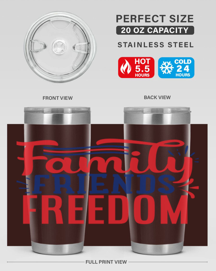 Family Friends Freedom Style 48# tumbler featuring a patriotic design, available in 20oz and 30oz sizes, made from stainless steel.