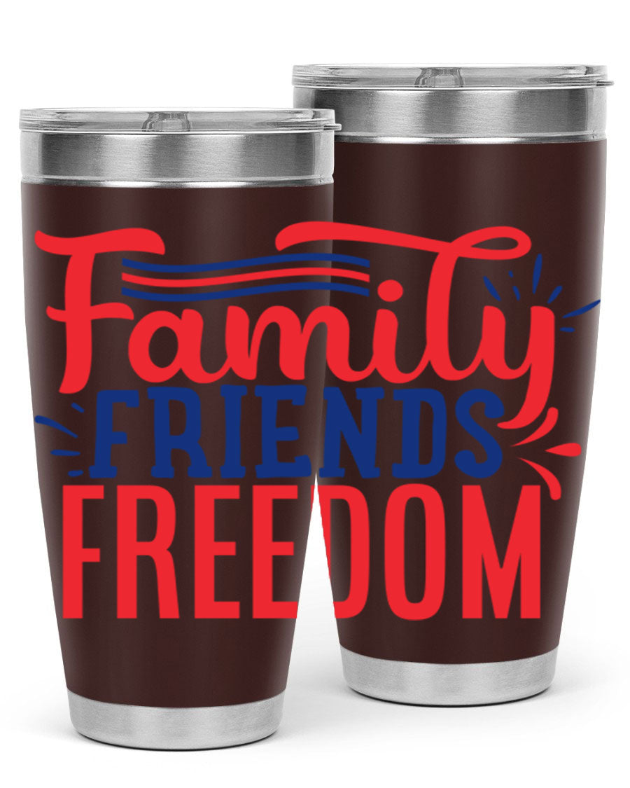 Family Friends Freedom Style 48# tumbler featuring a patriotic design, available in 20oz and 30oz sizes, made from stainless steel.