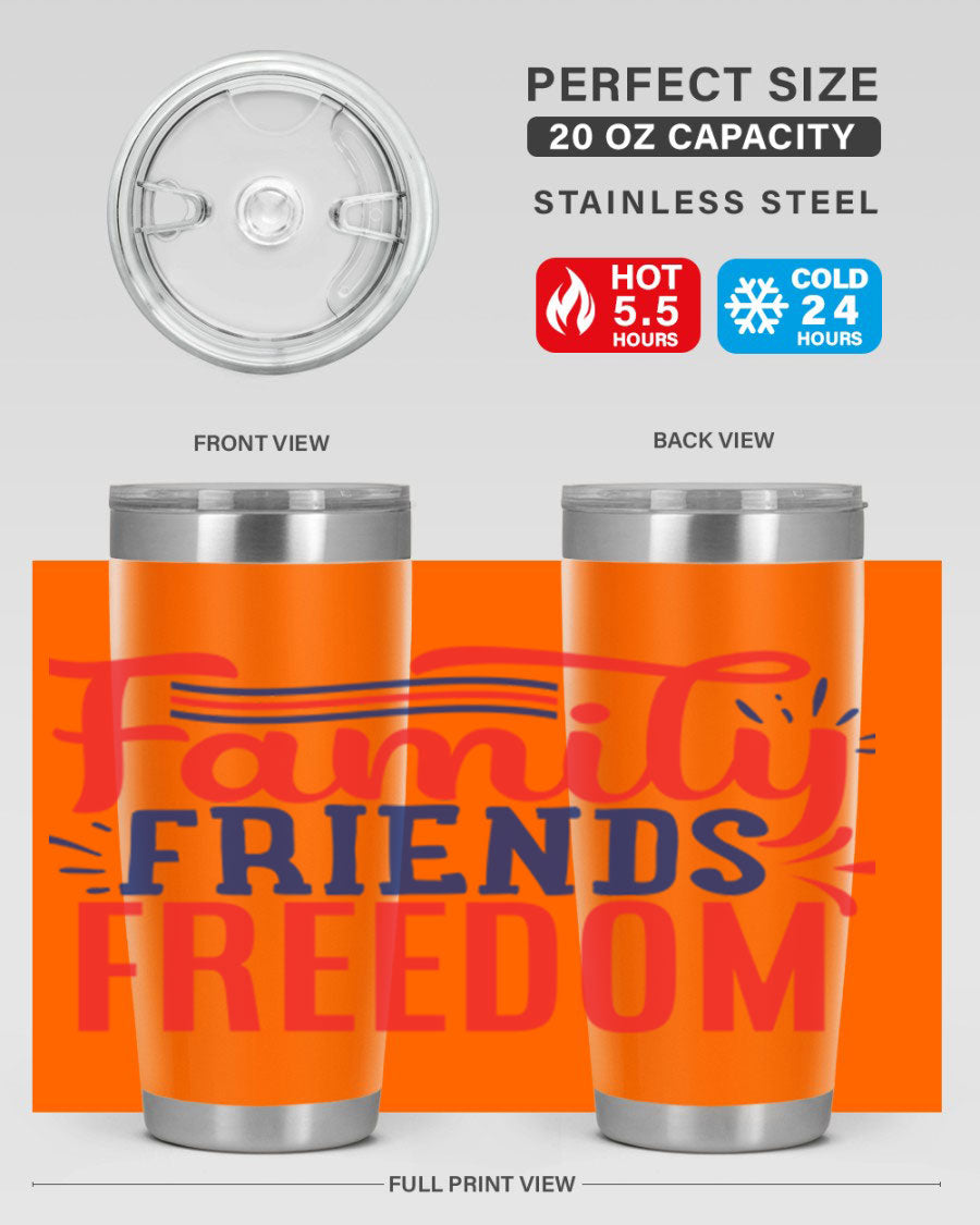 Family Friends Freedom Style 48# tumbler featuring a patriotic design, available in 20oz and 30oz sizes, made from stainless steel.