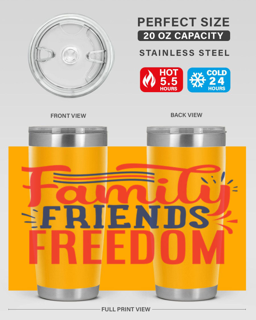 Family Friends Freedom Style 48# tumbler featuring a patriotic design, available in 20oz and 30oz sizes, made from stainless steel.