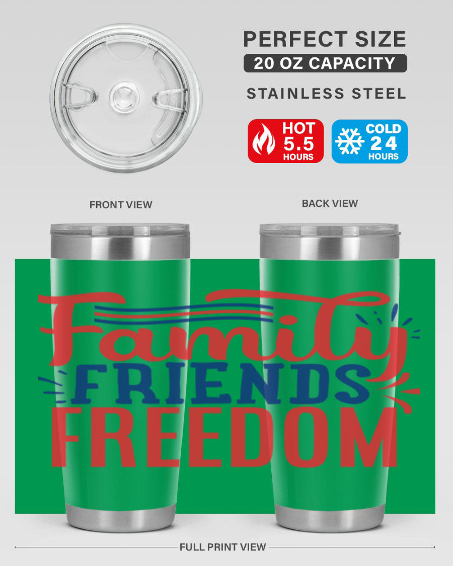 Family Friends Freedom Style 48# tumbler featuring a patriotic design, available in 20oz and 30oz sizes, made from stainless steel.