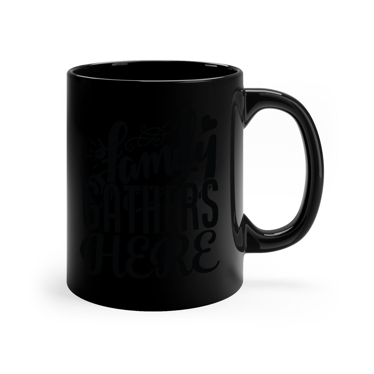 Family Gathers Here 39# Mug with colorful handle and glossy finish, available in multiple colors and sizes.