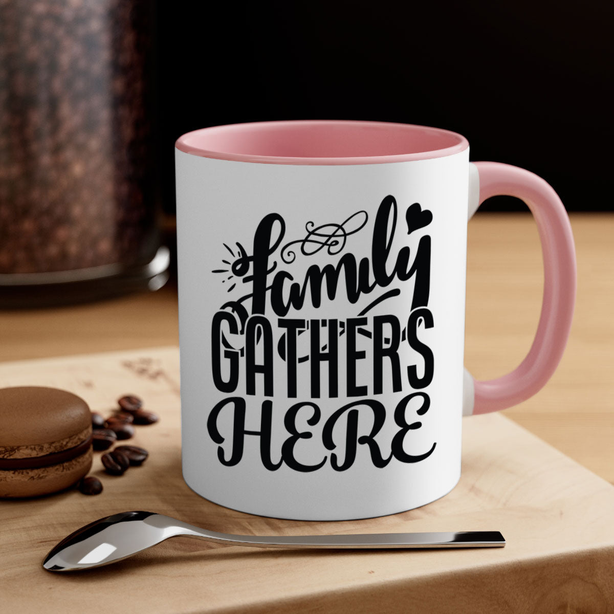 Family Gathers Here 39# Mug with colorful handle and glossy finish, available in multiple colors and sizes.