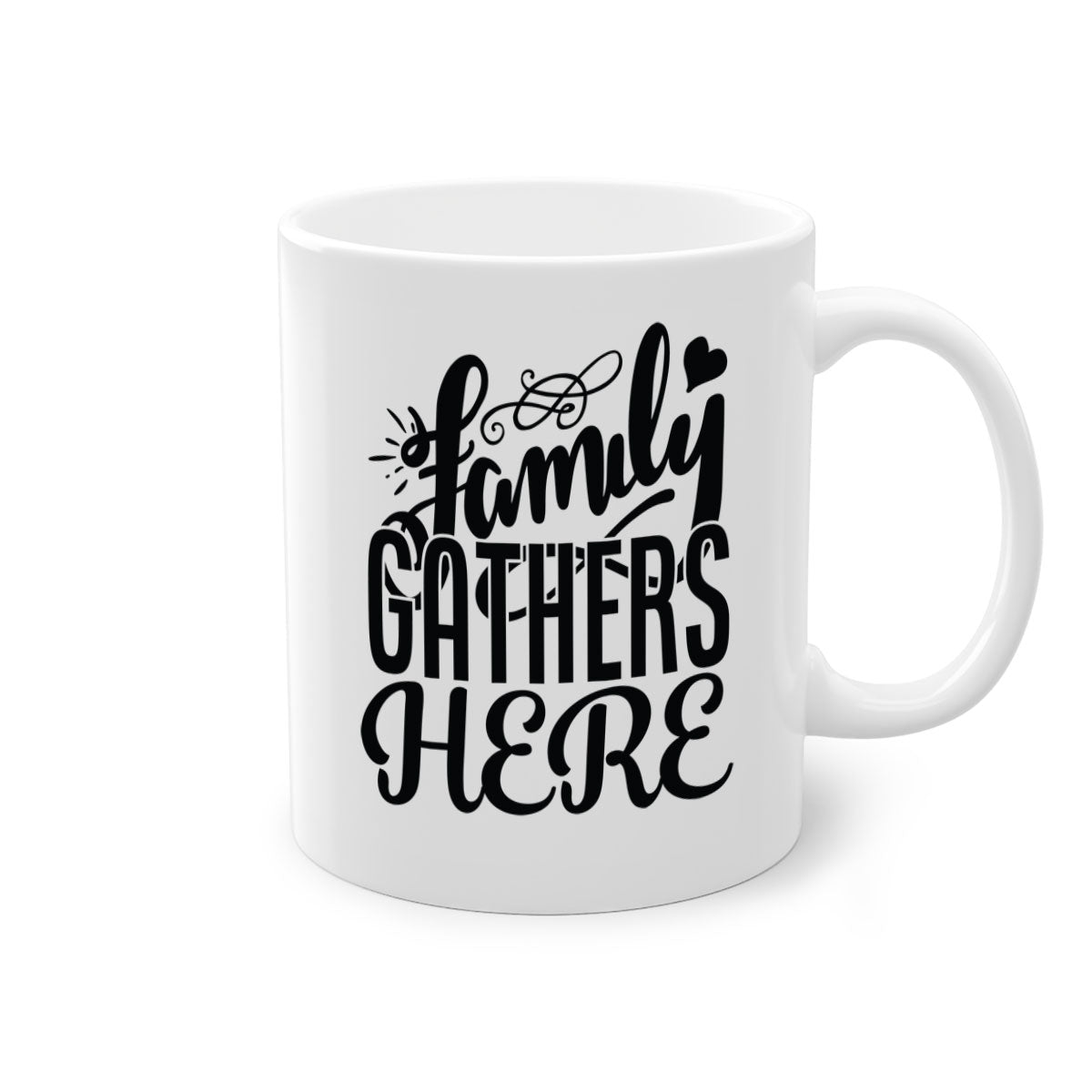 Family Gathers Here 39# Mug with colorful handle and glossy finish, available in multiple colors and sizes.