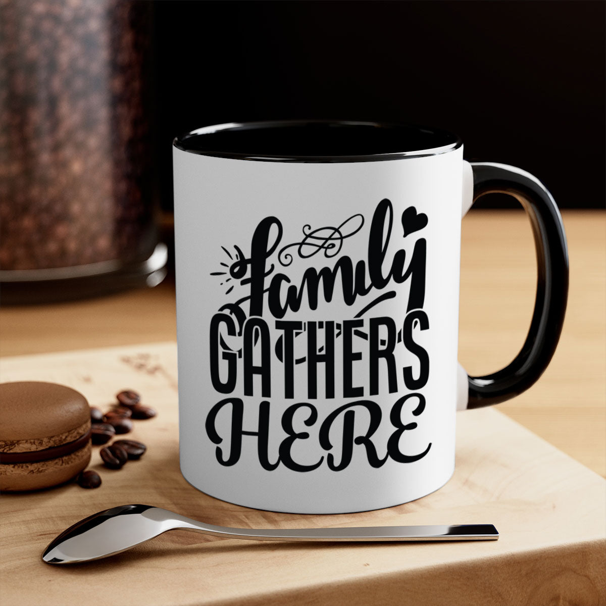 Family Gathers Here 39# Mug with colorful handle and glossy finish, available in multiple colors and sizes.