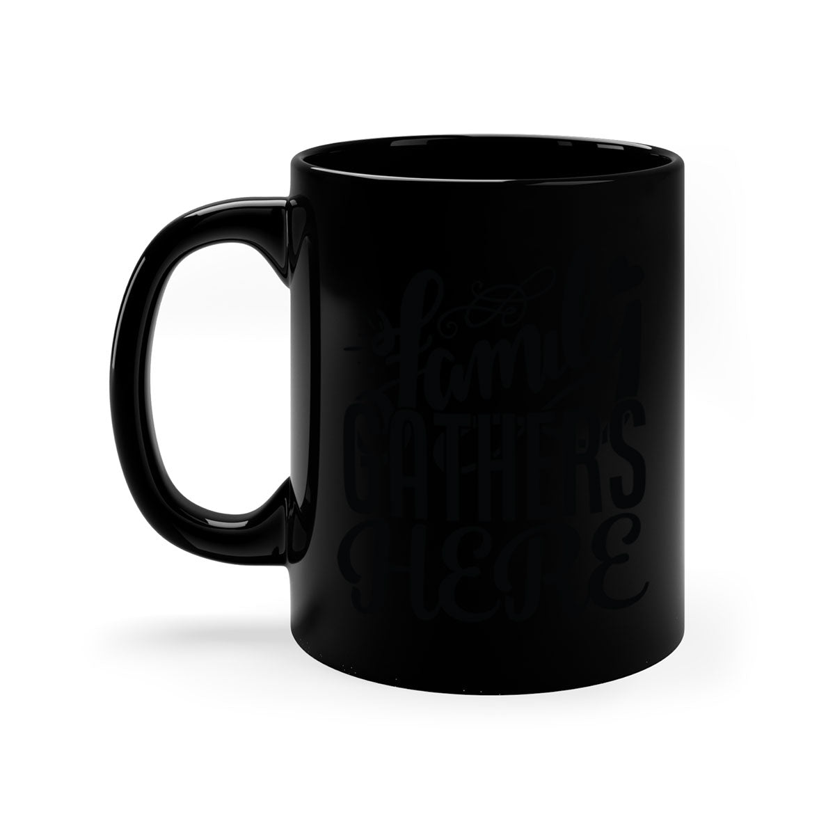 Family Gathers Here 39# Mug with colorful handle and glossy finish, available in multiple colors and sizes.