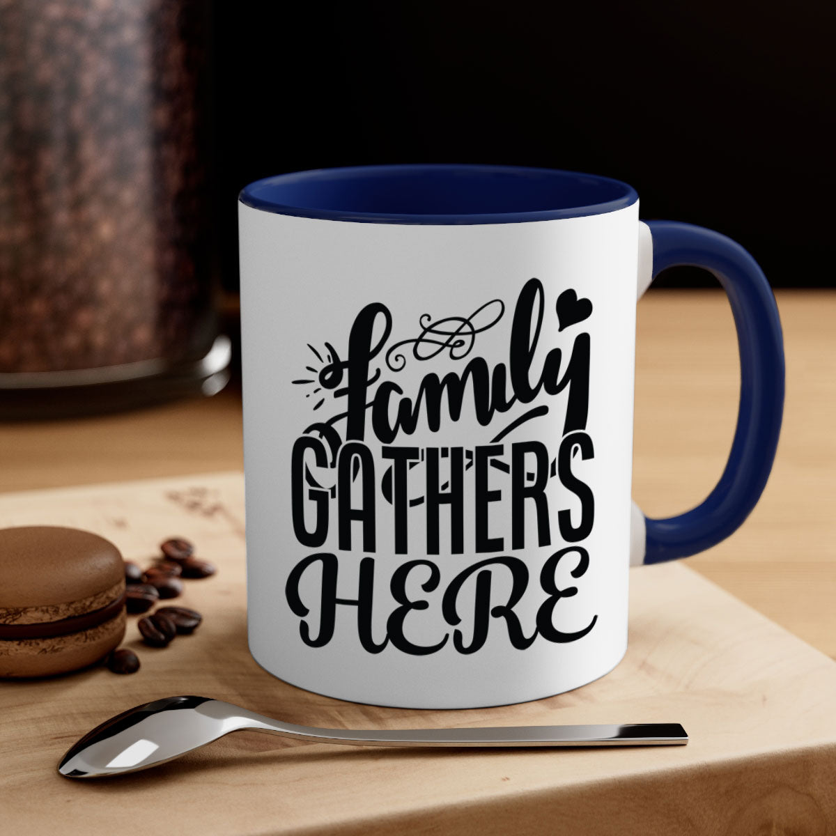 Family Gathers Here 39# Mug with colorful handle and glossy finish, available in multiple colors and sizes.