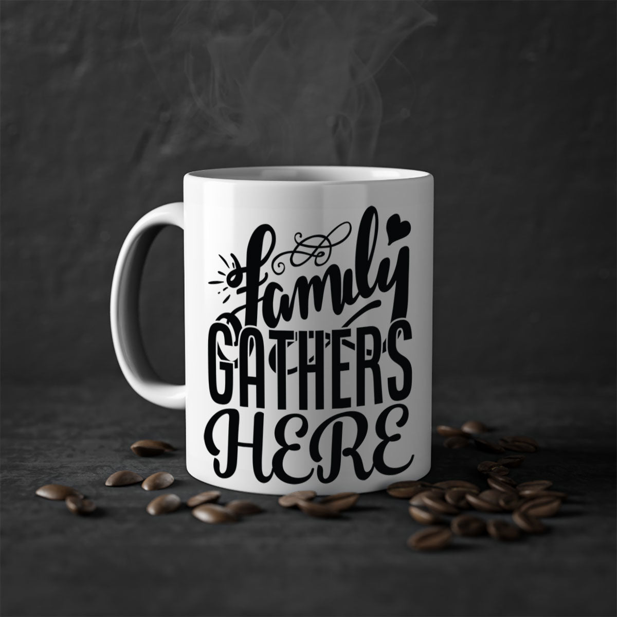 Family Gathers Here 39# Mug with colorful handle and glossy finish, available in multiple colors and sizes.
