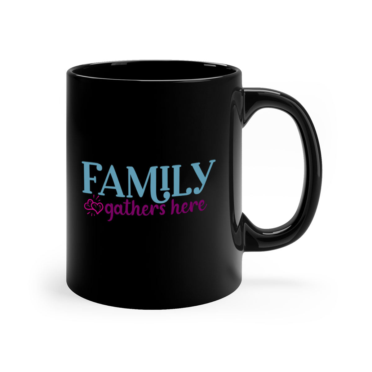 Family Gathers Here Mug with a glossy finish, featuring a colored handle and interior, available in multiple colors.