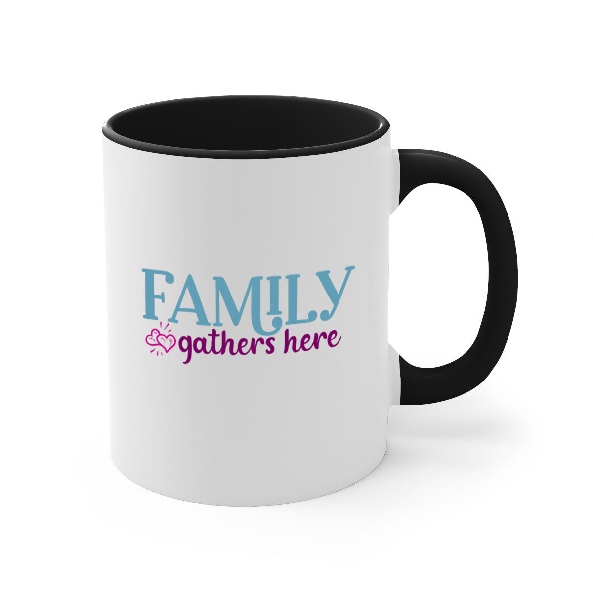 Family Gathers Here Mug with a glossy finish, featuring a colored handle and interior, available in multiple colors.