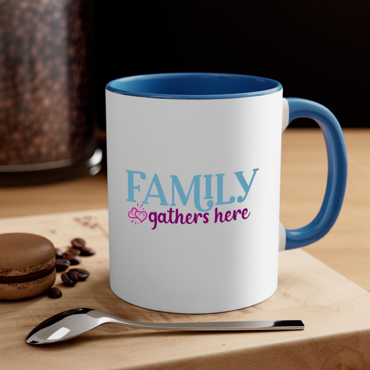 Family Gathers Here Mug with a glossy finish, featuring a colored handle and interior, available in multiple colors.