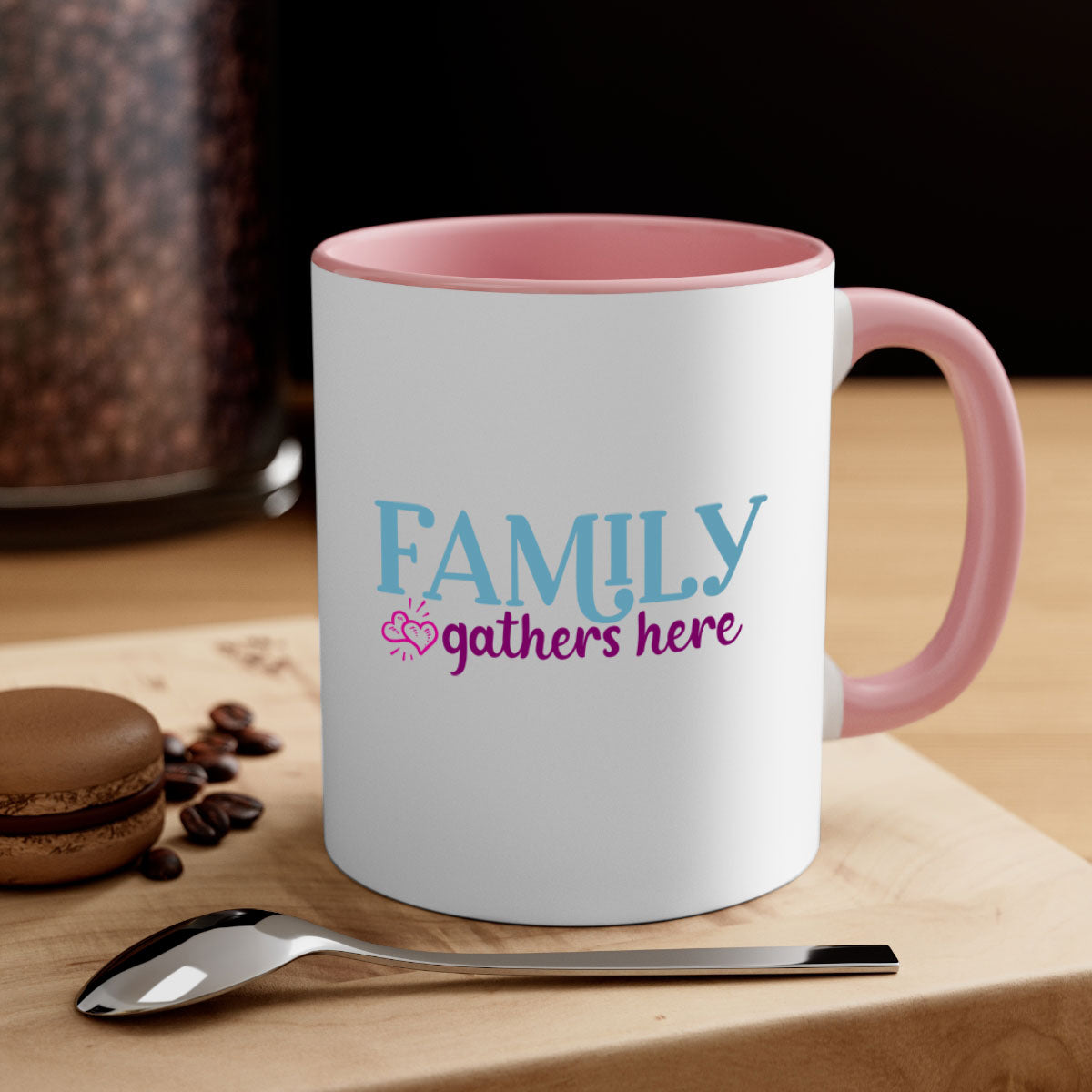 Family Gathers Here Mug with a glossy finish, featuring a colored handle and interior, available in multiple colors.