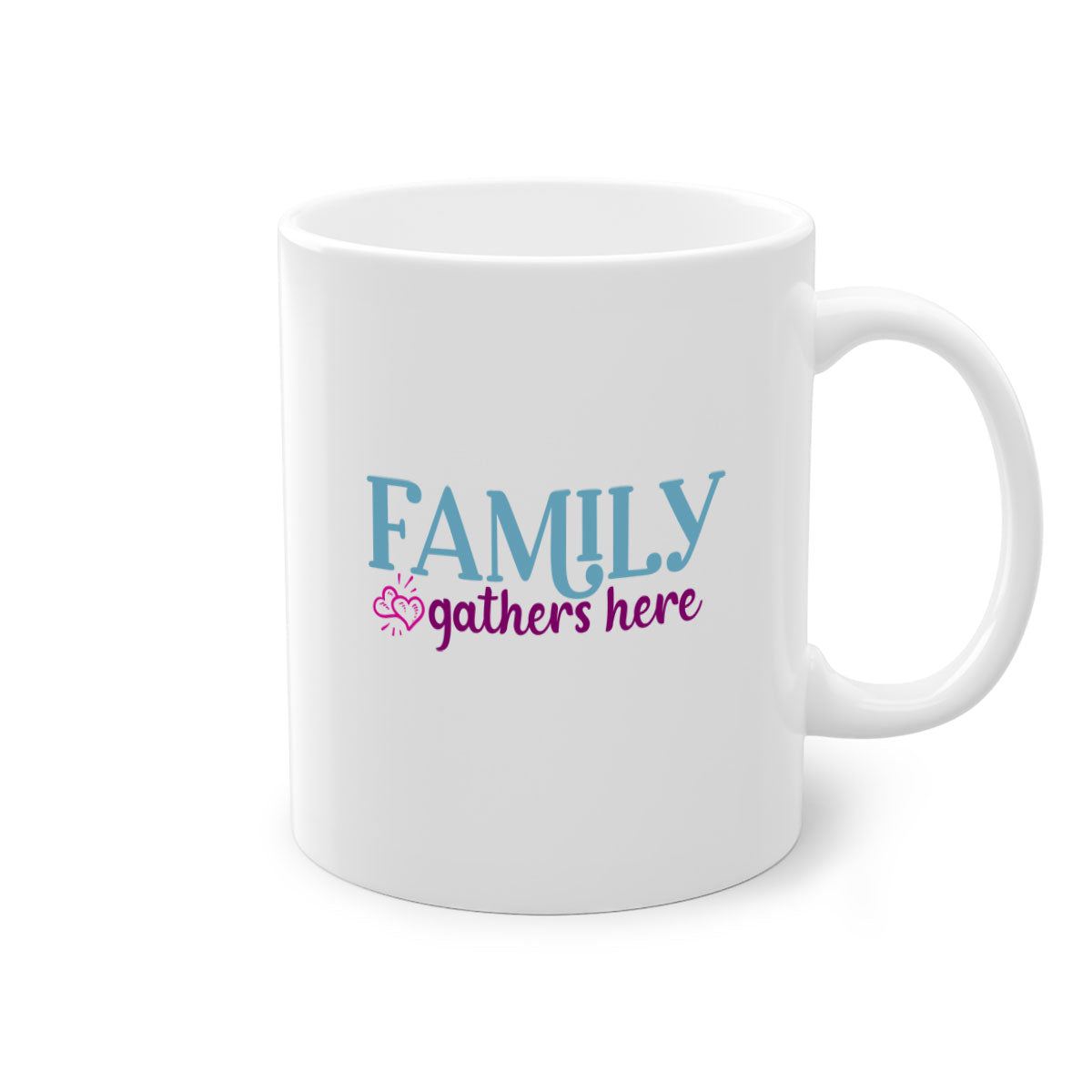 Family Gathers Here Mug with a glossy finish, featuring a colored handle and interior, available in multiple colors.