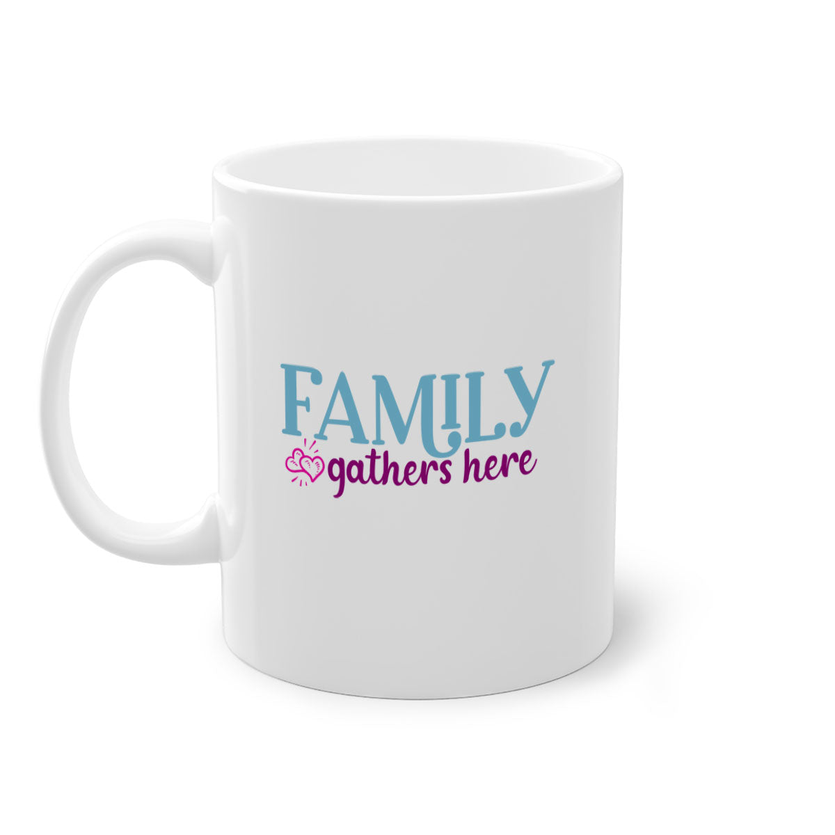 Family Gathers Here Mug with a glossy finish, featuring a colored handle and interior, available in multiple colors.