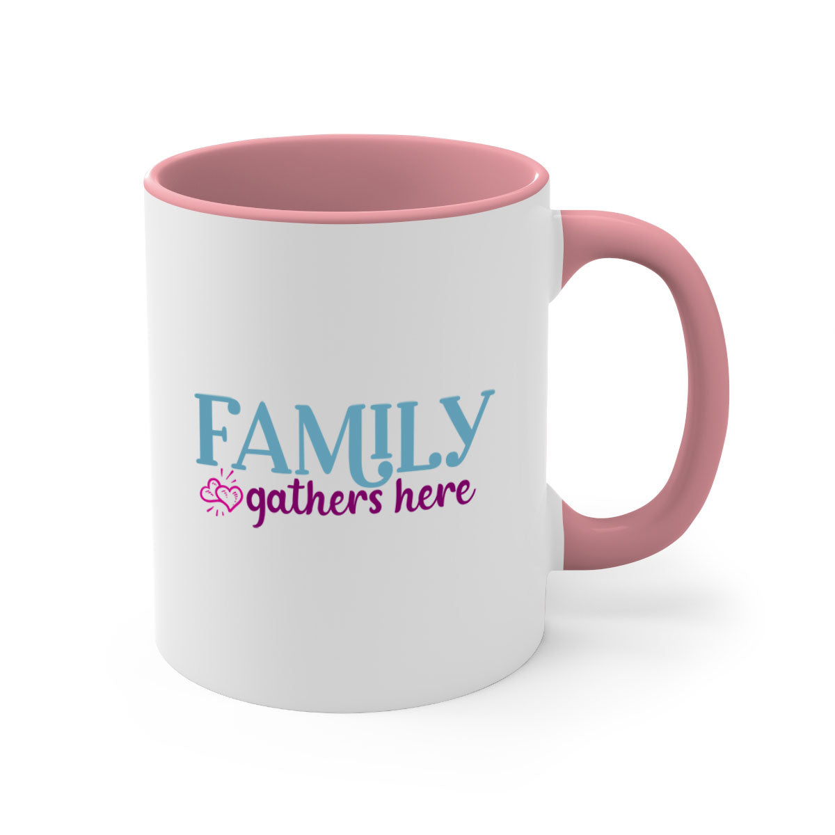 Family Gathers Here Mug with a glossy finish, featuring a colored handle and interior, available in multiple colors.