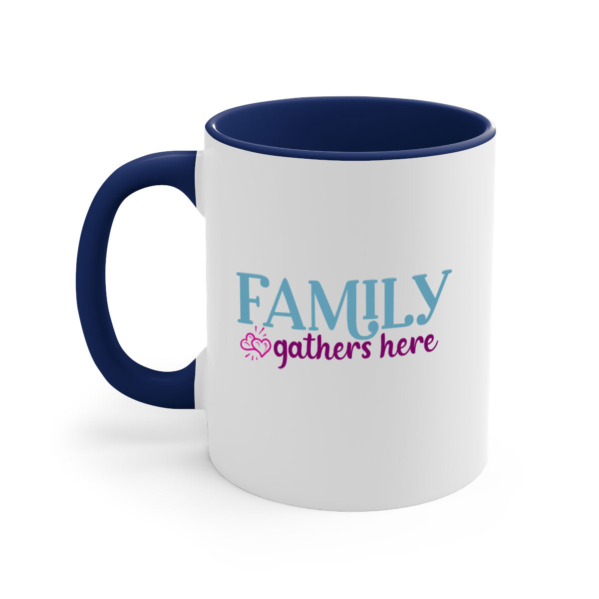 Family Gathers Here Mug with a glossy finish, featuring a colored handle and interior, available in multiple colors.