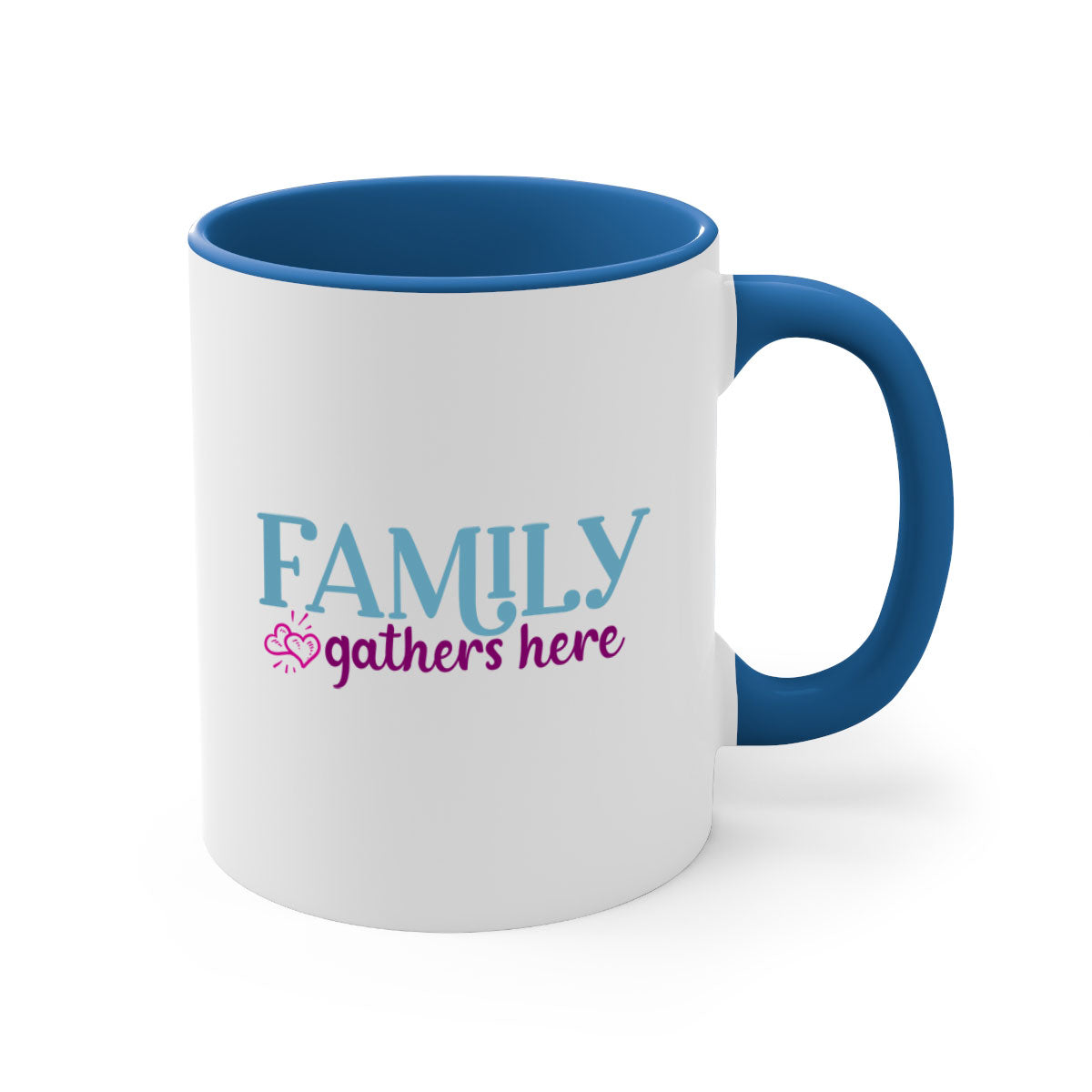 Family Gathers Here Mug with a glossy finish, featuring a colored handle and interior, available in multiple colors.