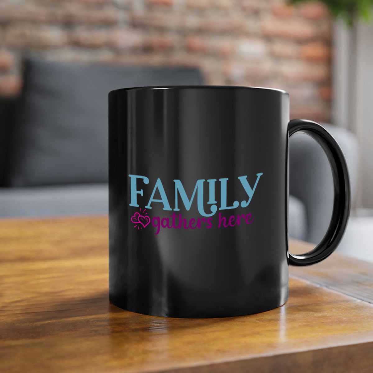 Family Gathers Here Mug with a glossy finish, featuring a colored handle and interior, available in multiple colors.