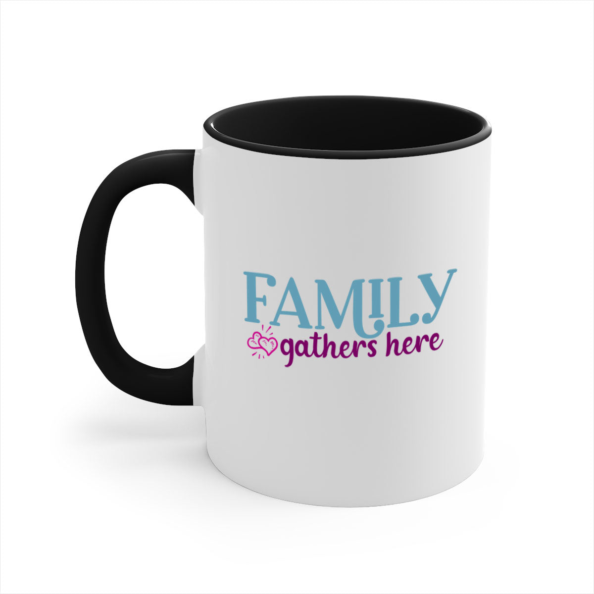 Family Gathers Here Mug with a glossy finish, featuring a colored handle and interior, available in multiple colors.