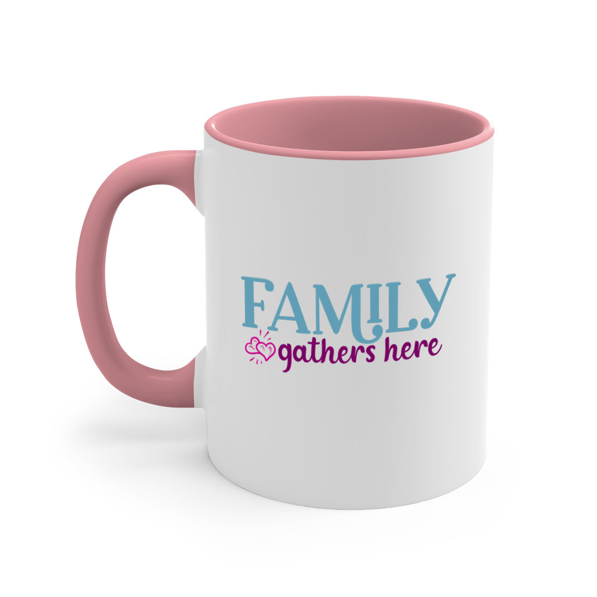 Family Gathers Here Mug with a glossy finish, featuring a colored handle and interior, available in multiple colors.