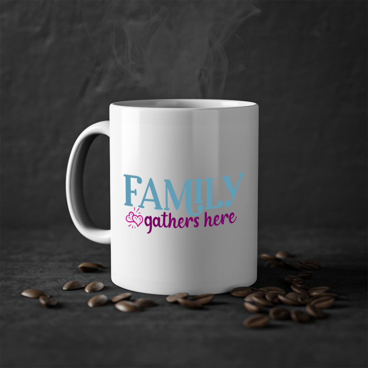 Family Gathers Here Mug with a glossy finish, featuring a colored handle and interior, available in multiple colors.