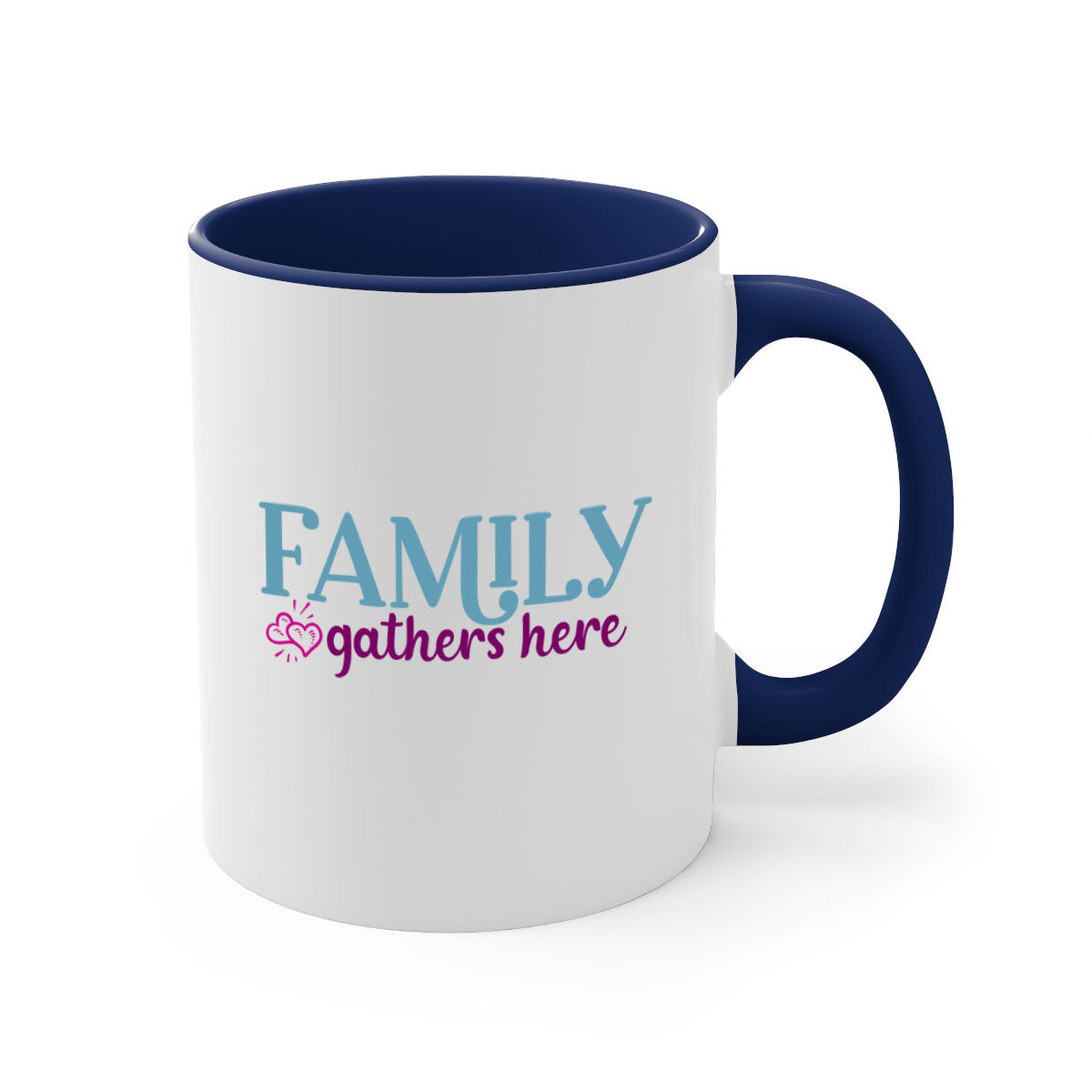 Family Gathers Here Mug with a glossy finish, featuring a colored handle and interior, available in multiple colors.