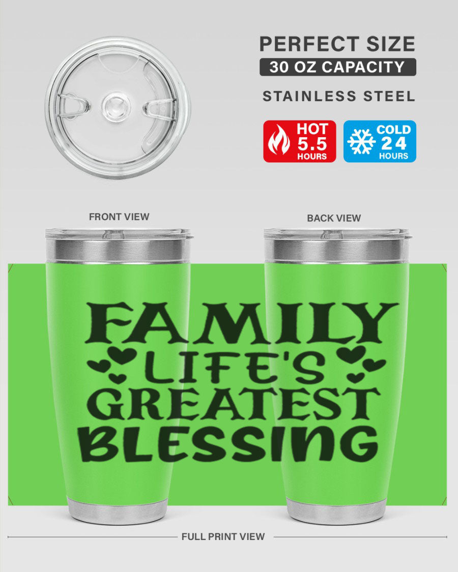 Family is Everything 38# Tumbler in stainless steel with a vibrant print, showcasing its double wall vacuum design and drink-thru lid.