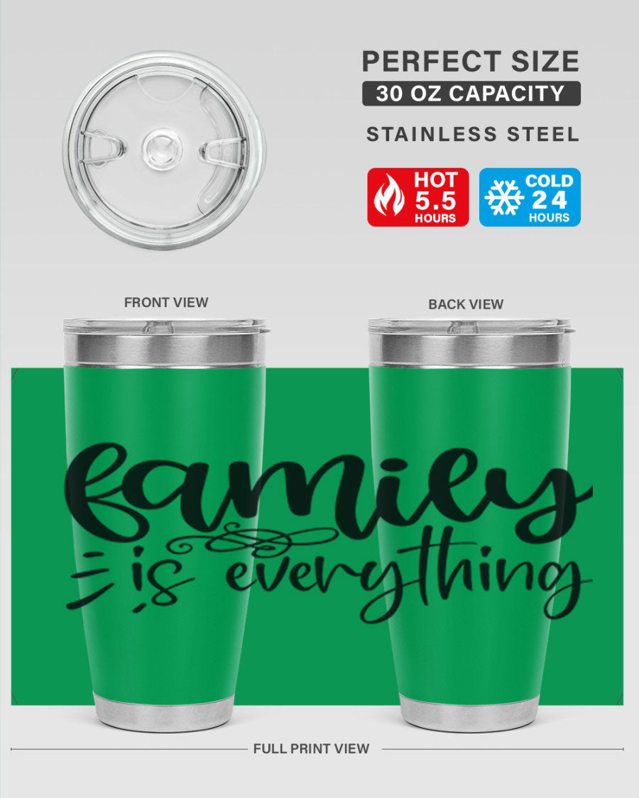 Family is Everything 72# Tumbler in stainless steel with a vibrant design, perfect for hot and cold beverages.