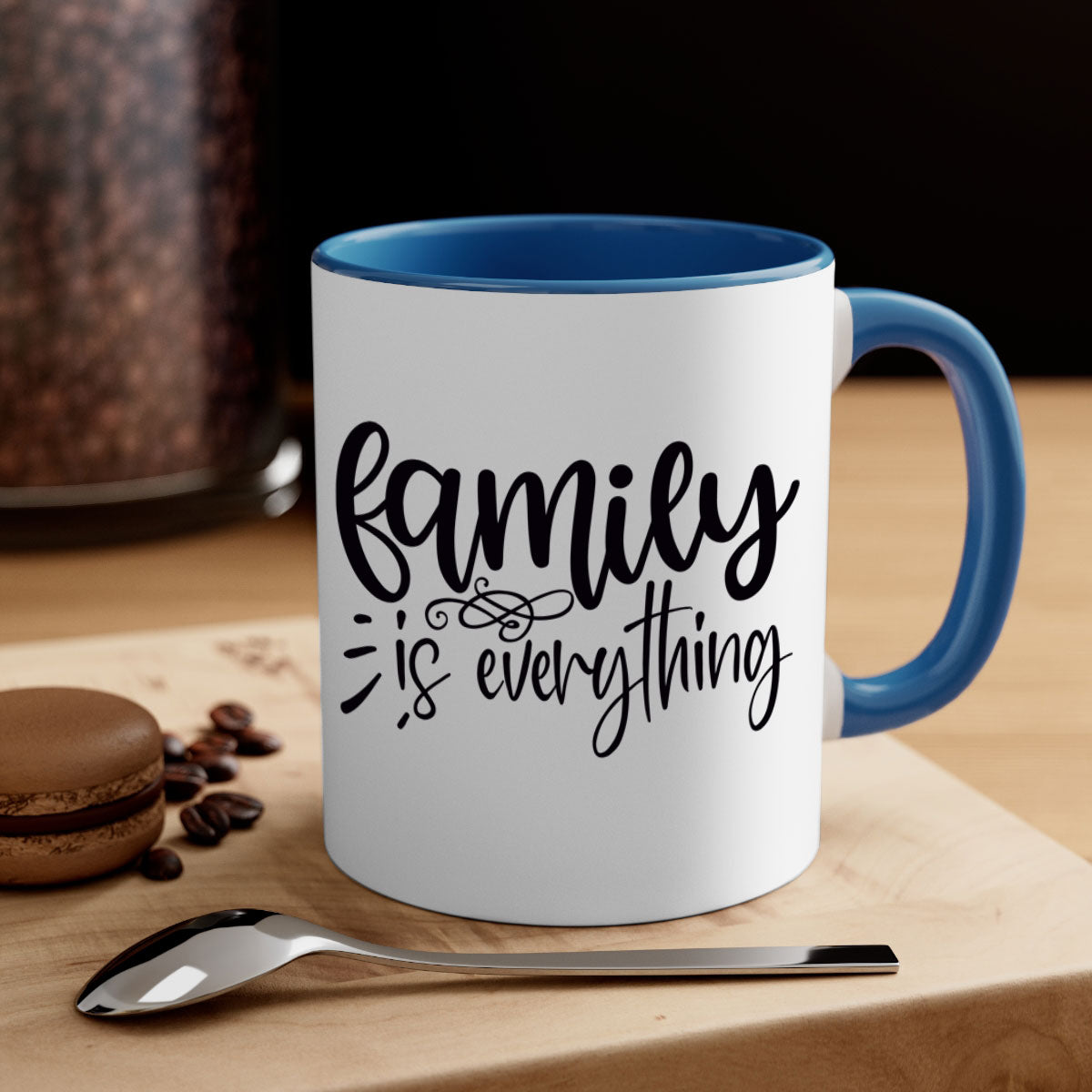 A stylish two-tone 'Family is Everything' Mug with a glossy finish, featuring a colored handle and interior, available in multiple colors.