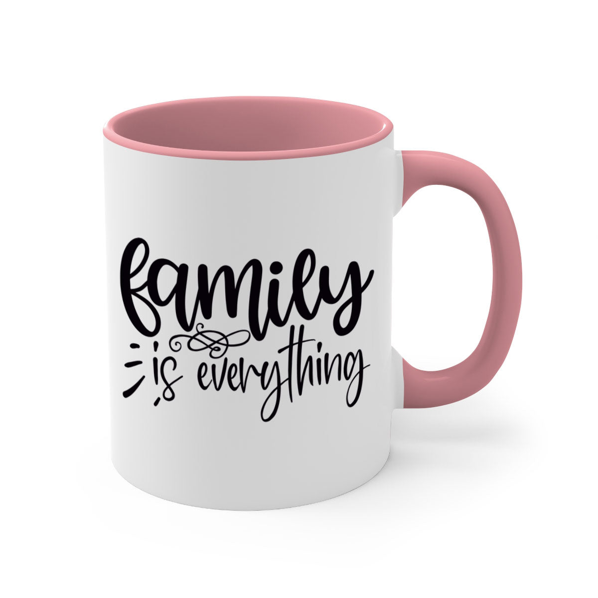 A stylish two-tone 'Family is Everything' Mug with a glossy finish, featuring a colored handle and interior, available in multiple colors.