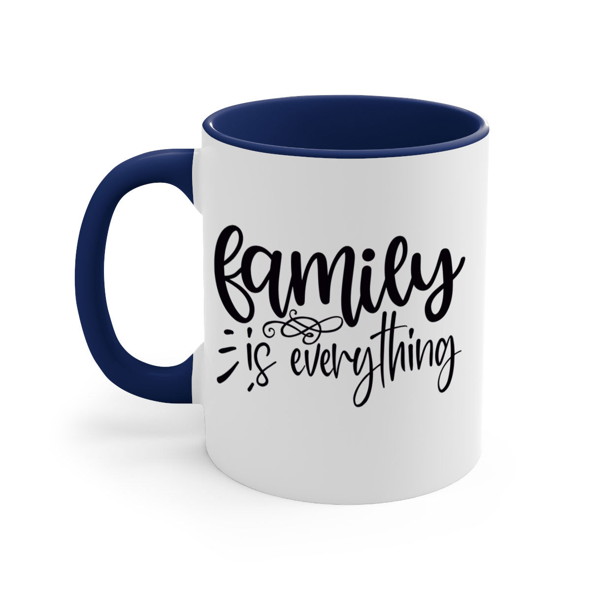 A stylish two-tone 'Family is Everything' Mug with a glossy finish, featuring a colored handle and interior, available in multiple colors.