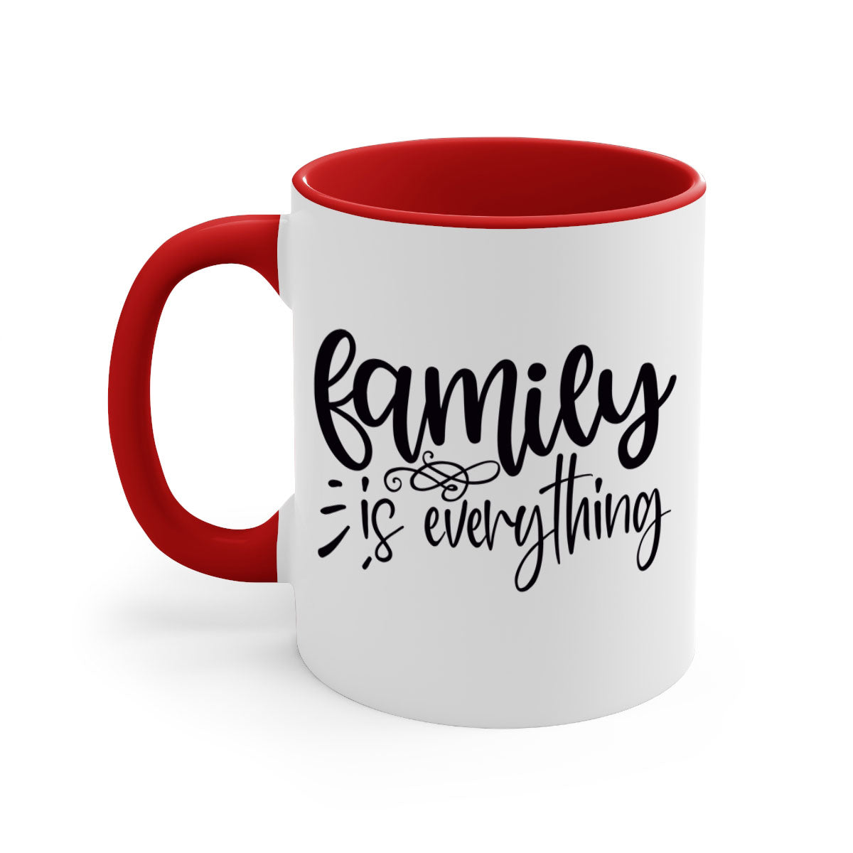 A stylish two-tone 'Family is Everything' Mug with a glossy finish, featuring a colored handle and interior, available in multiple colors.