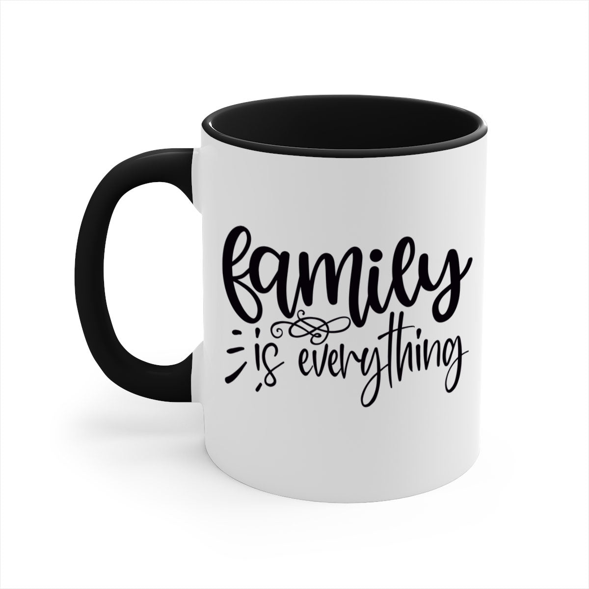 A stylish two-tone 'Family is Everything' Mug with a glossy finish, featuring a colored handle and interior, available in multiple colors.