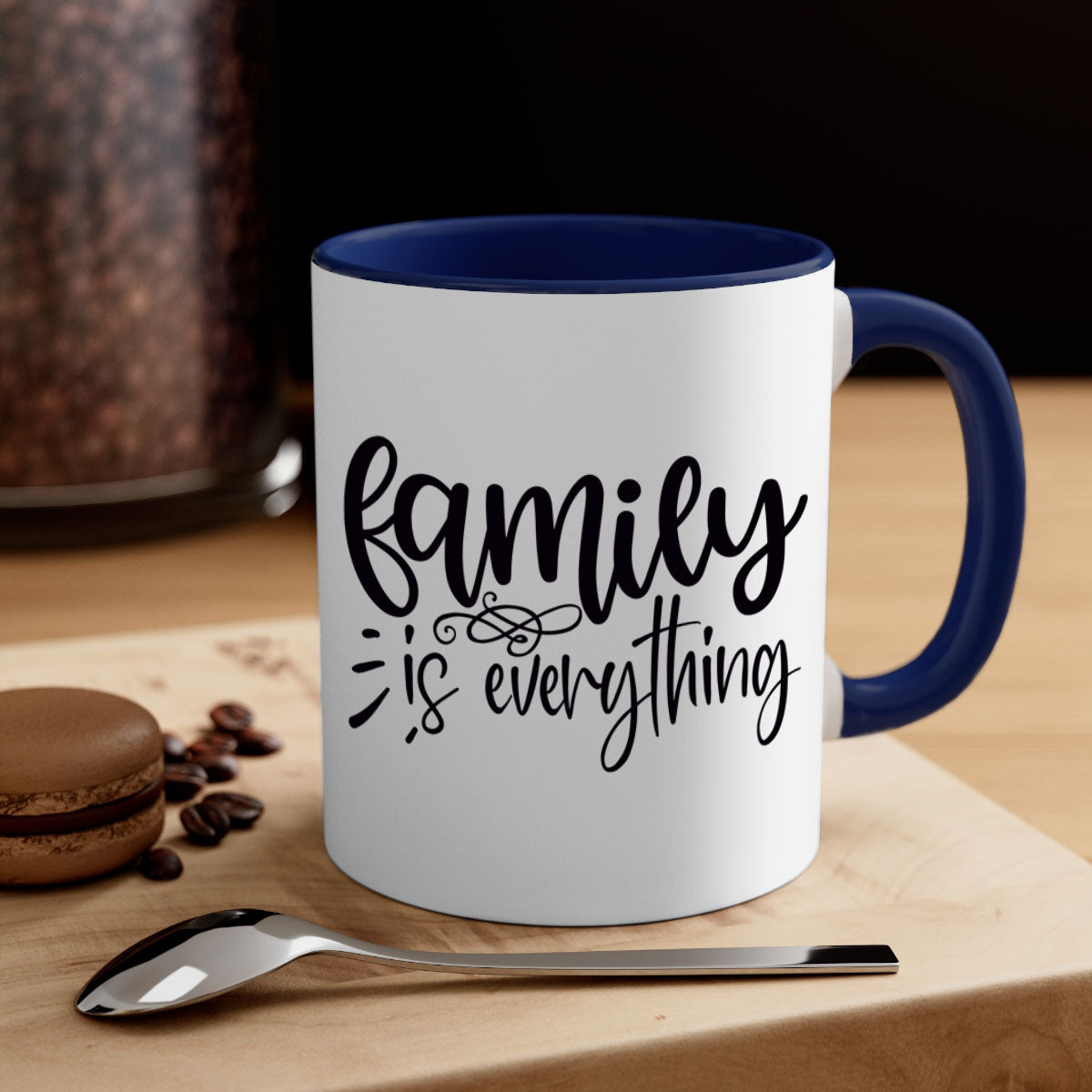 A stylish two-tone 'Family is Everything' Mug with a glossy finish, featuring a colored handle and interior, available in multiple colors.