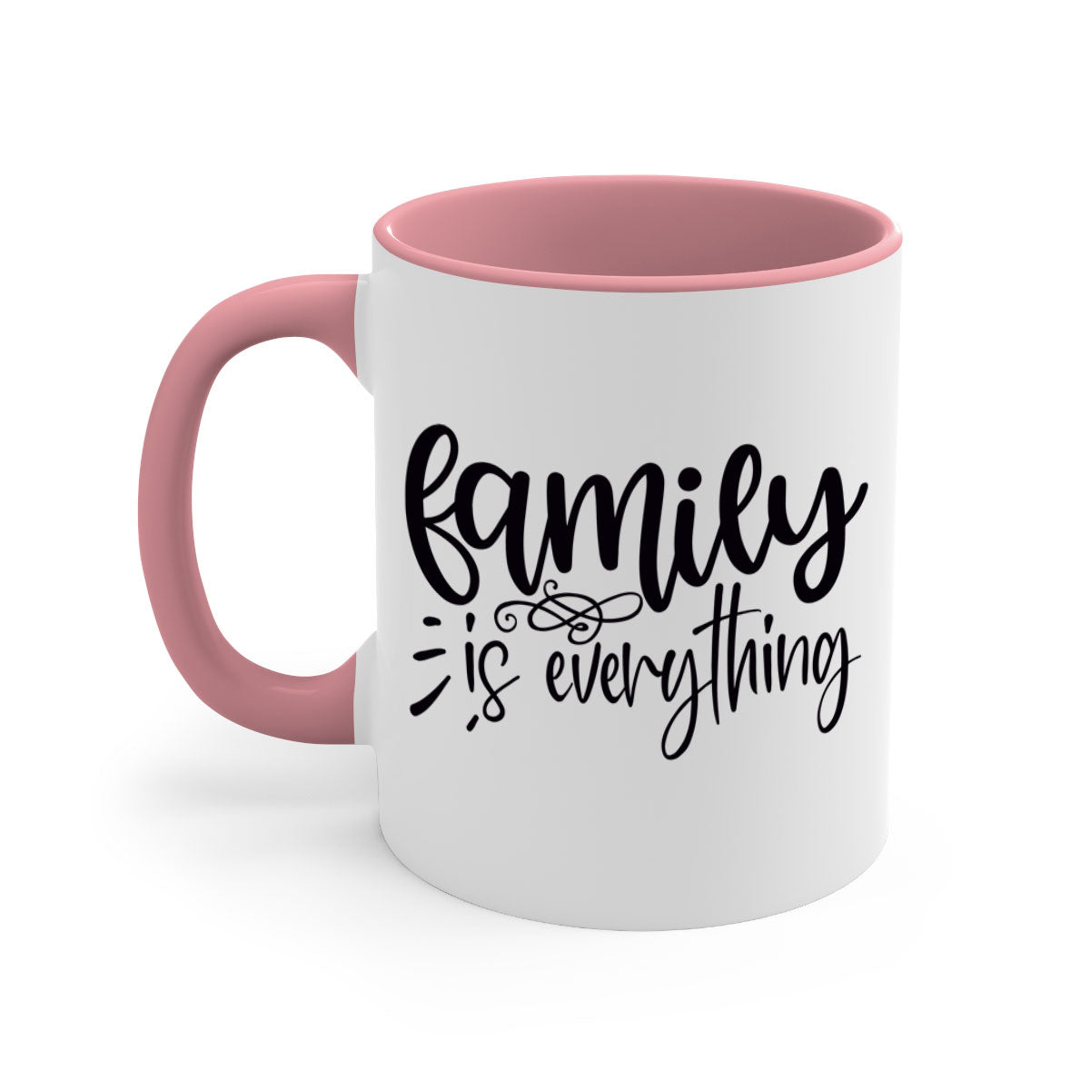 A stylish two-tone 'Family is Everything' Mug with a glossy finish, featuring a colored handle and interior, available in multiple colors.