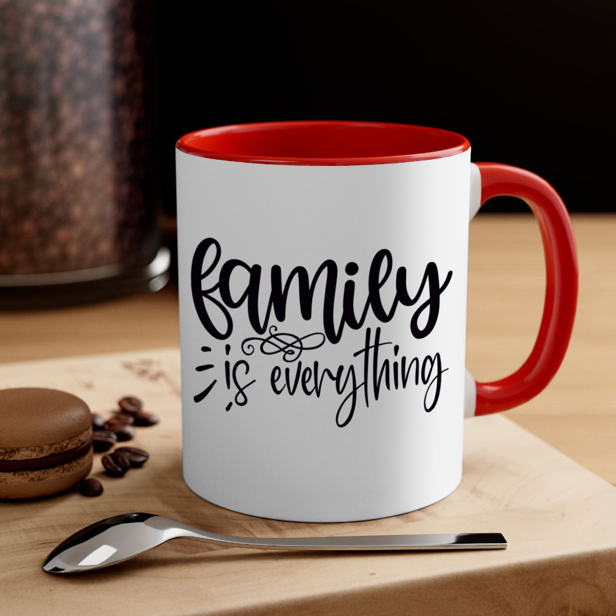 A stylish two-tone 'Family is Everything' Mug with a glossy finish, featuring a colored handle and interior, available in multiple colors.