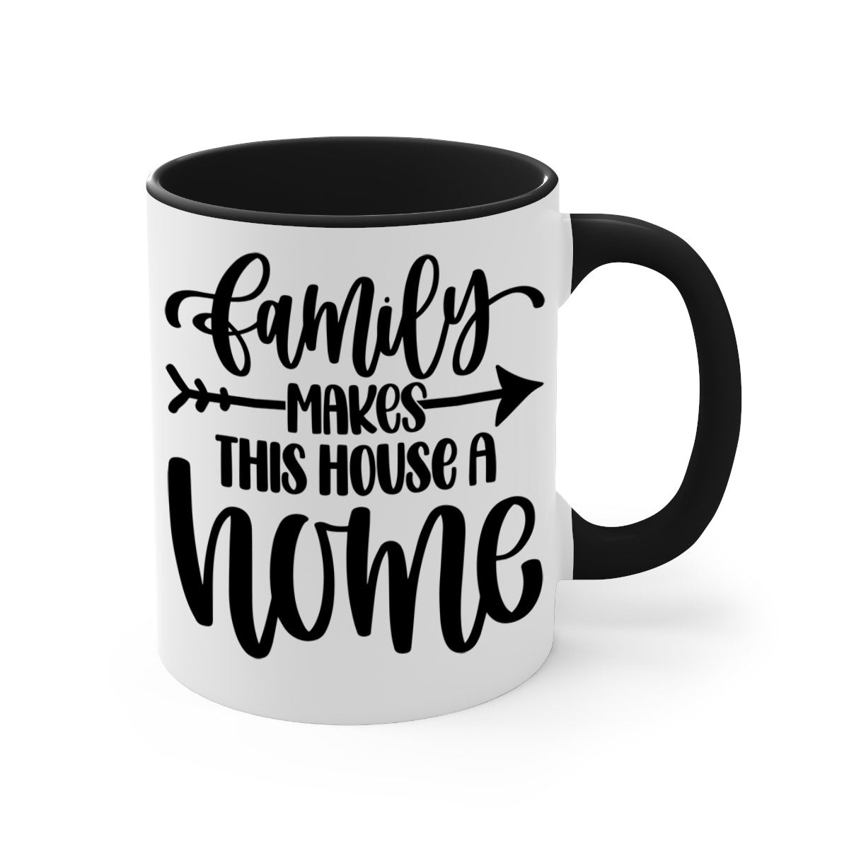 A stylish two-tone ceramic mug with the phrase 'Family Makes This House a Home', featuring a colored handle and glossy finish.