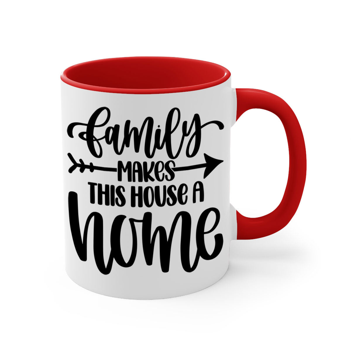 A stylish two-tone ceramic mug with the phrase 'Family Makes This House a Home', featuring a colored handle and glossy finish.