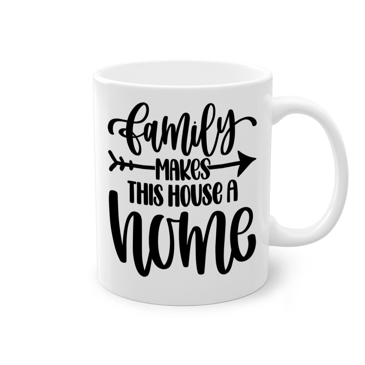 A stylish two-tone ceramic mug with the phrase 'Family Makes This House a Home', featuring a colored handle and glossy finish.