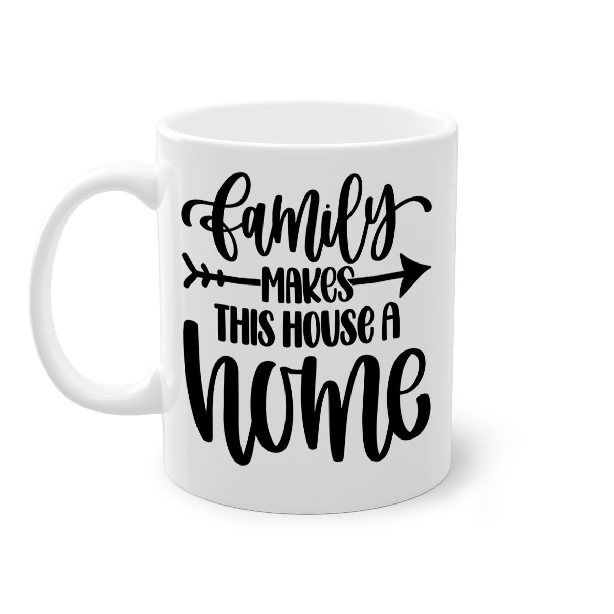 A stylish two-tone ceramic mug with the phrase 'Family Makes This House a Home', featuring a colored handle and glossy finish.