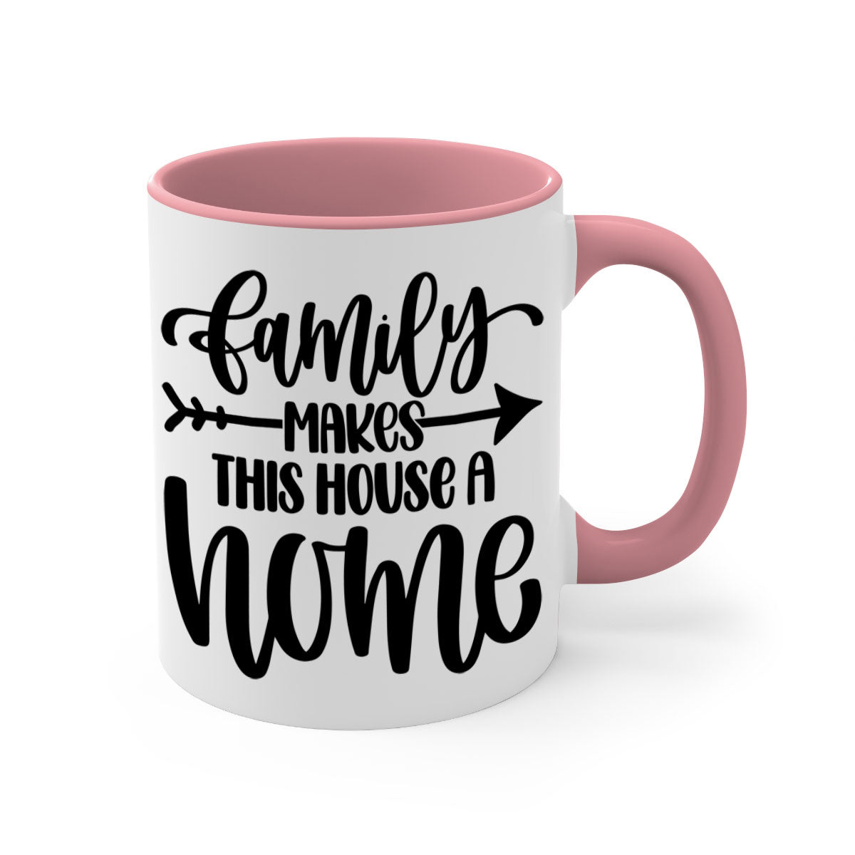 A stylish two-tone ceramic mug with the phrase 'Family Makes This House a Home', featuring a colored handle and glossy finish.