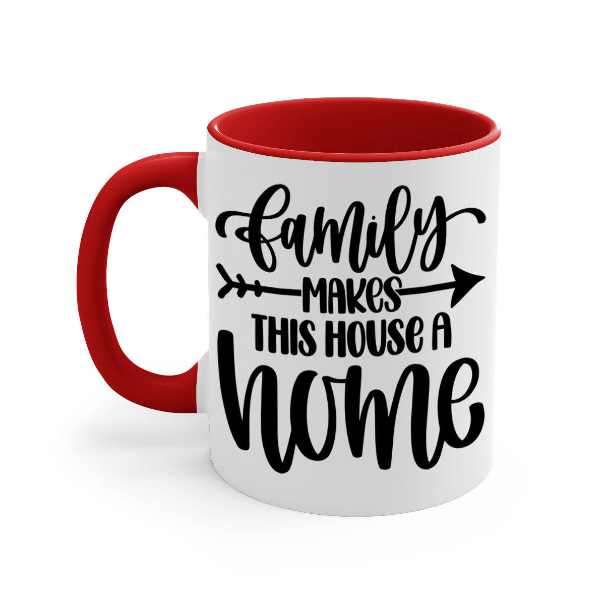 A stylish two-tone ceramic mug with the phrase 'Family Makes This House a Home', featuring a colored handle and glossy finish.
