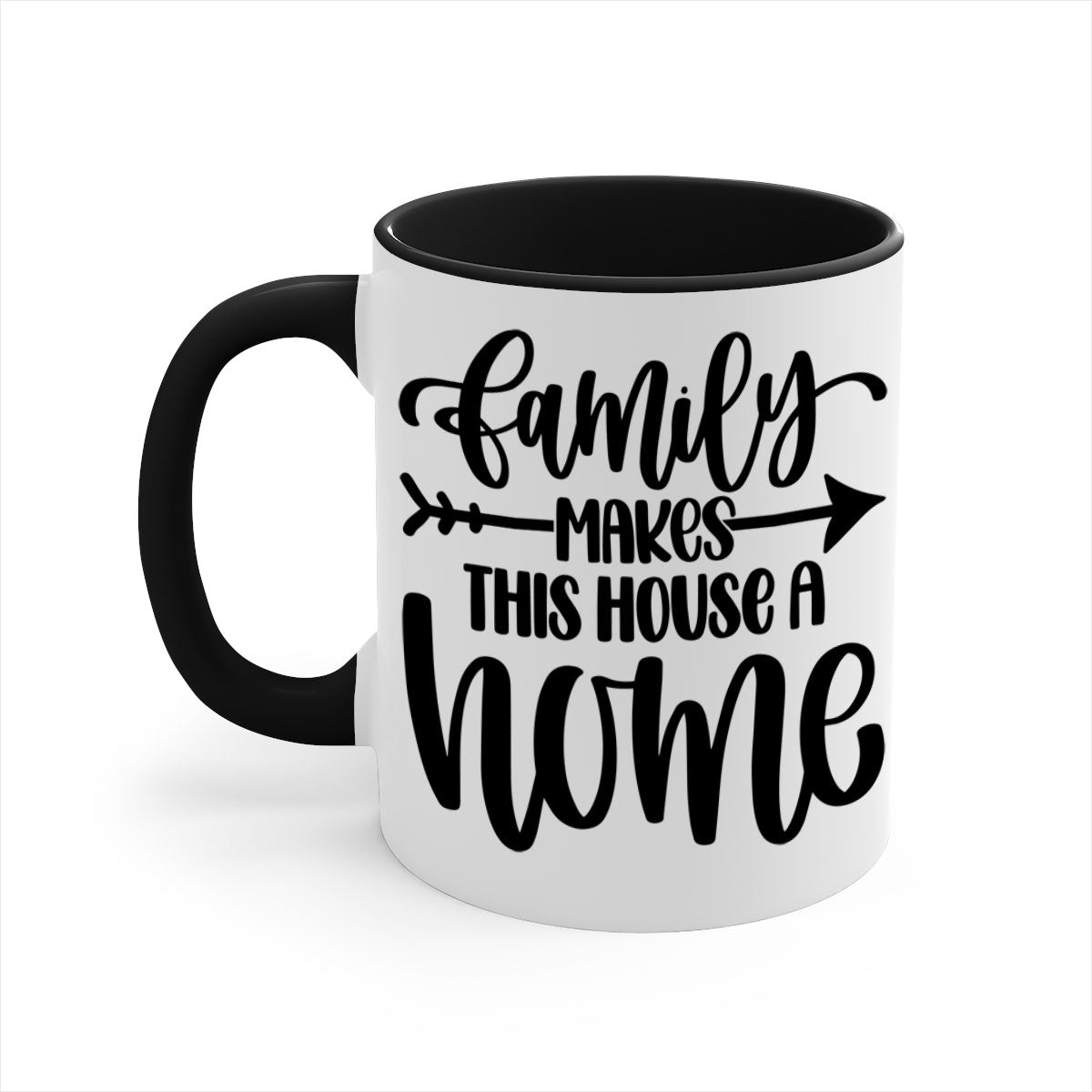 A stylish two-tone ceramic mug with the phrase 'Family Makes This House a Home', featuring a colored handle and glossy finish.