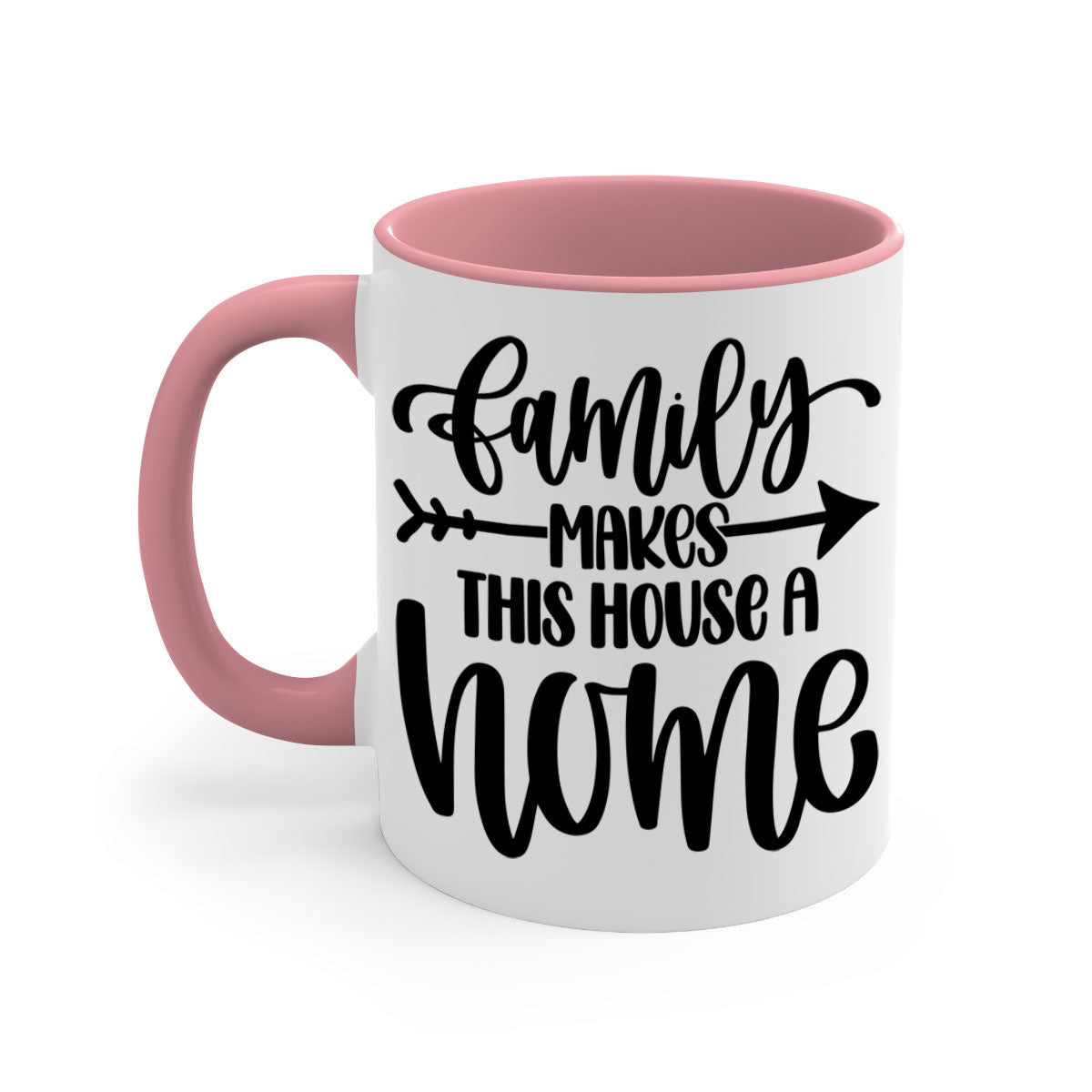 A stylish two-tone ceramic mug with the phrase 'Family Makes This House a Home', featuring a colored handle and glossy finish.