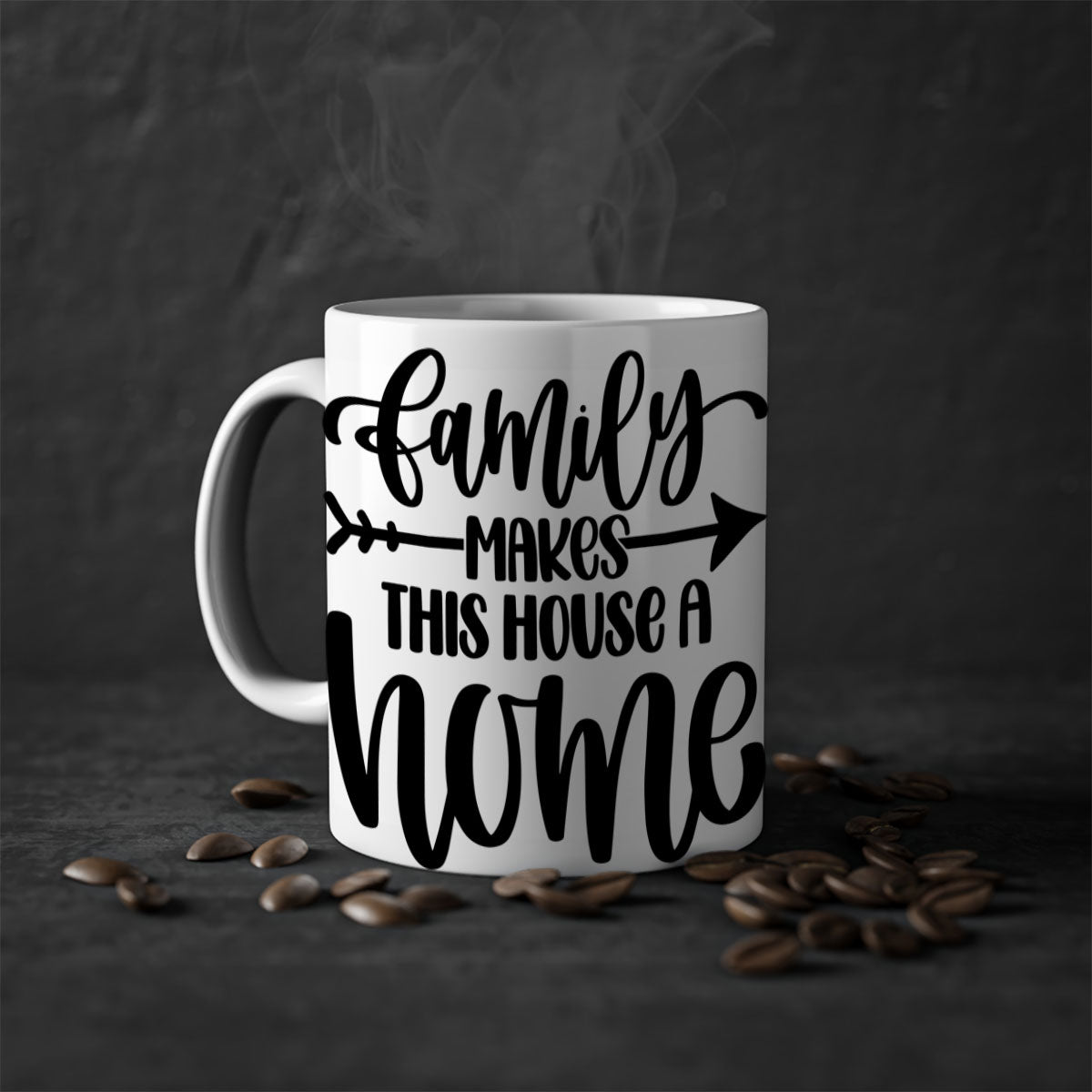 A stylish two-tone ceramic mug with the phrase 'Family Makes This House a Home', featuring a colored handle and glossy finish.