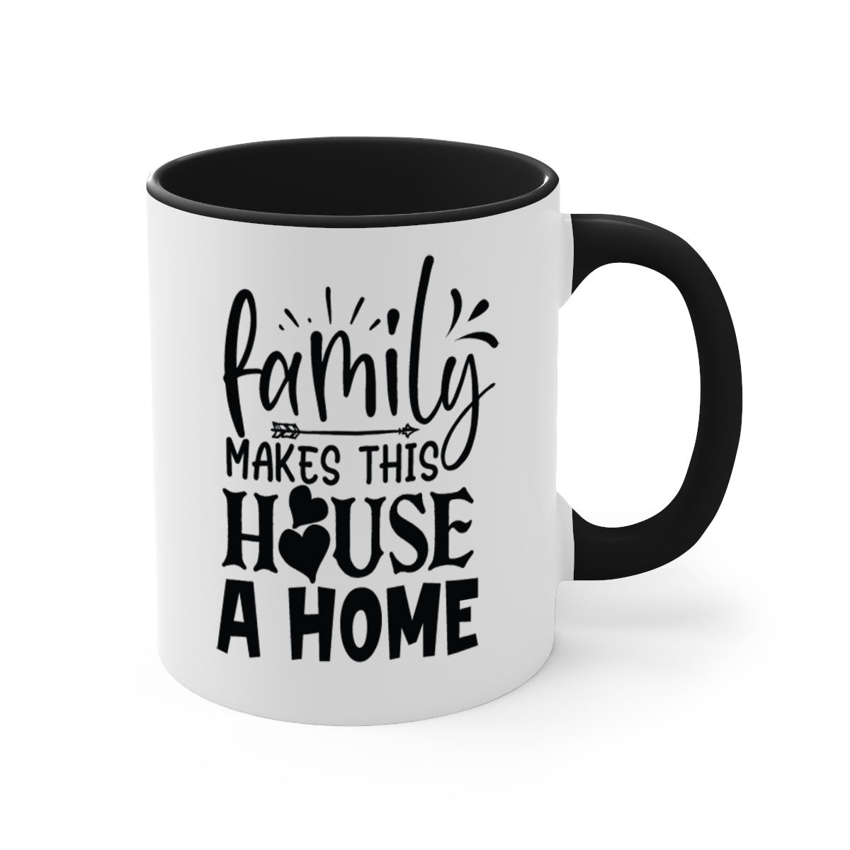 A stylish two-tone Family Makes This House a Home Mug with a glossy finish, featuring a colored handle and interior, available in five colors.