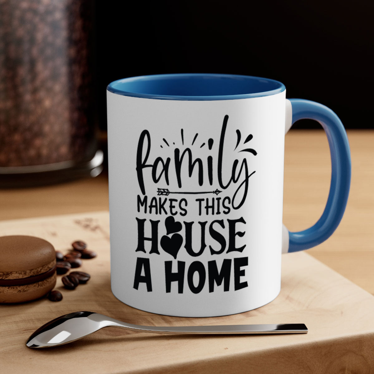 A stylish two-tone Family Makes This House a Home Mug with a glossy finish, featuring a colored handle and interior, available in five colors.
