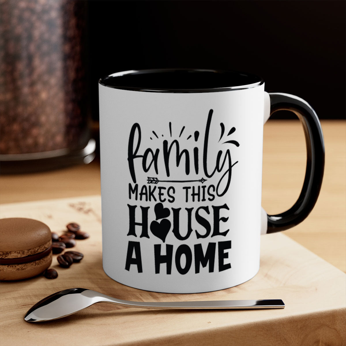 A stylish two-tone Family Makes This House a Home Mug with a glossy finish, featuring a colored handle and interior, available in five colors.