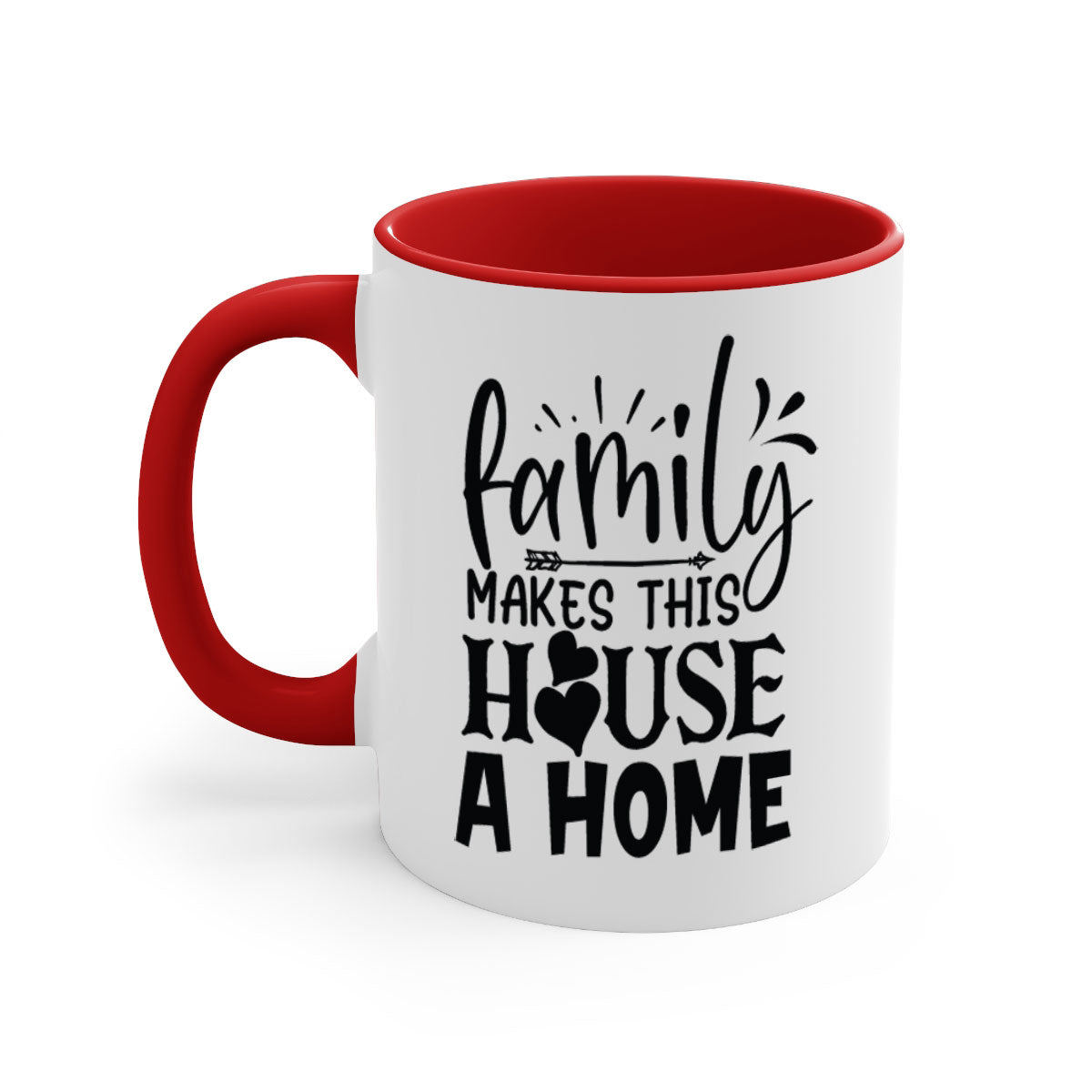 A stylish two-tone Family Makes This House a Home Mug with a glossy finish, featuring a colored handle and interior, available in five colors.