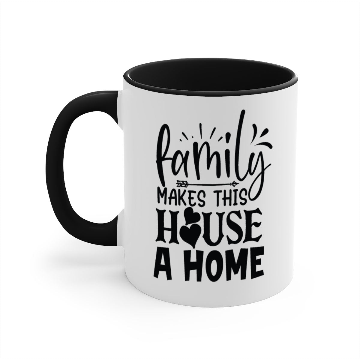 A stylish two-tone Family Makes This House a Home Mug with a glossy finish, featuring a colored handle and interior, available in five colors.
